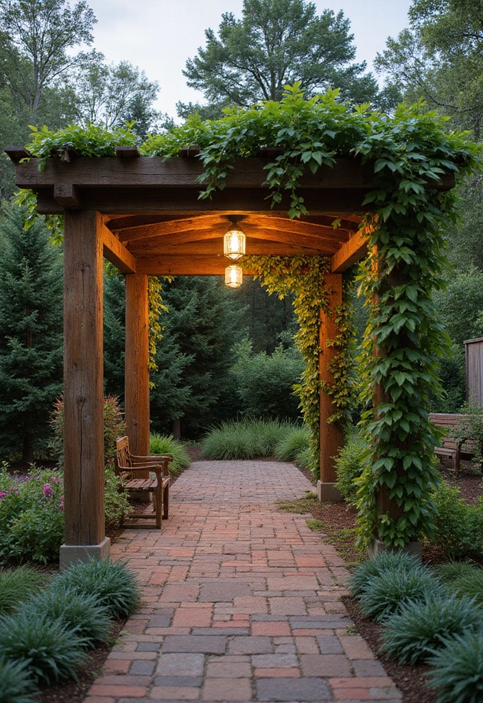 25 Backyard Entrance Ideas That Make a Grand First Impression 21 25 Backyard Entrance Ideas That Make a Grand First Impression - 21. Rustic Pergola Feature.