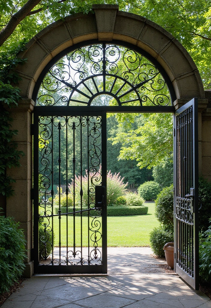 25 Backyard Entrance Ideas That Make a Grand First Impression 23 25 Backyard Entrance Ideas That Make a Grand First Impression - 23. Arched Gate with Decorative Metalwork.