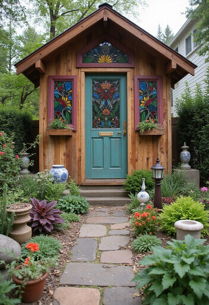 25 Backyard Shed Ideas That Add Storage With Style 7. Artistic Shed with Upcycled Materials