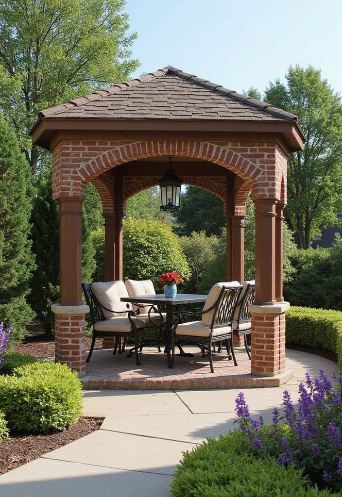 25 Brick Backyard Designs That Feel Timeless and Elegant - 17. Brick Gazebo for Outdoor Dining