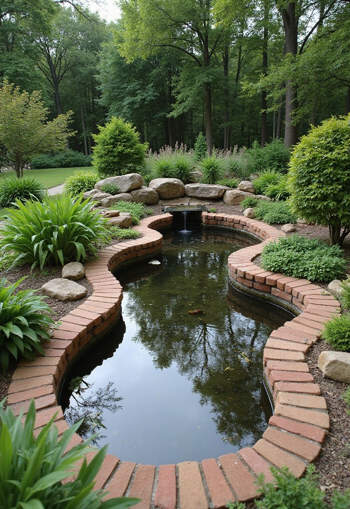 25 Brick Backyard Designs That Feel Timeless and Elegant - 19. Serene Brick Pond