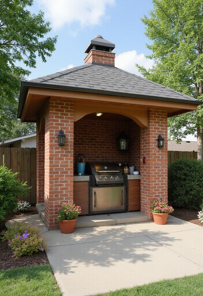 25 Brick Backyard Designs That Feel Timeless and Elegant - 20. Stylish Brick BBQ Hut
