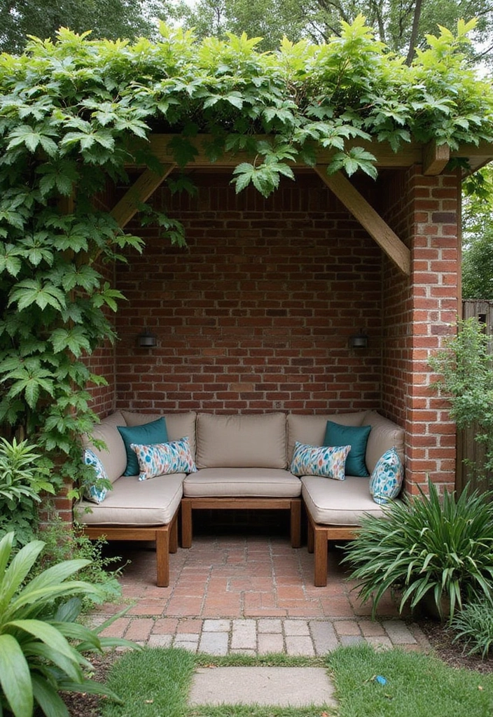 25 Brick Backyard Designs That Feel Timeless and Elegant - 5. Cozy Brick Nook with Arbor