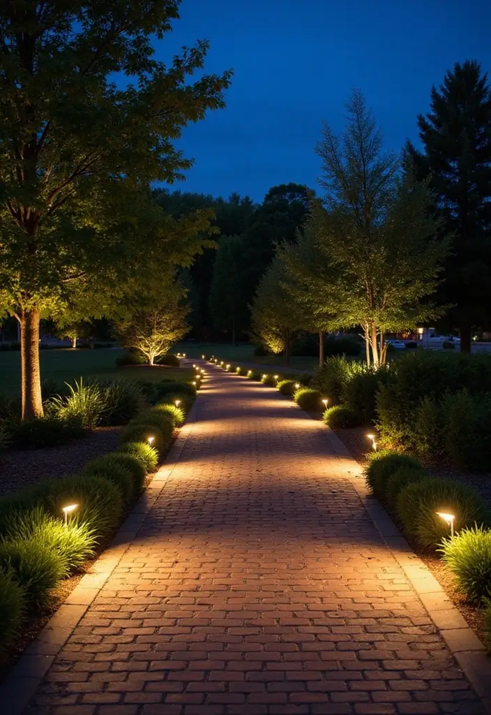 25 Brick Backyard Designs That Feel Timeless and Elegant - 7. Brick Pathway with Integrated Lighting