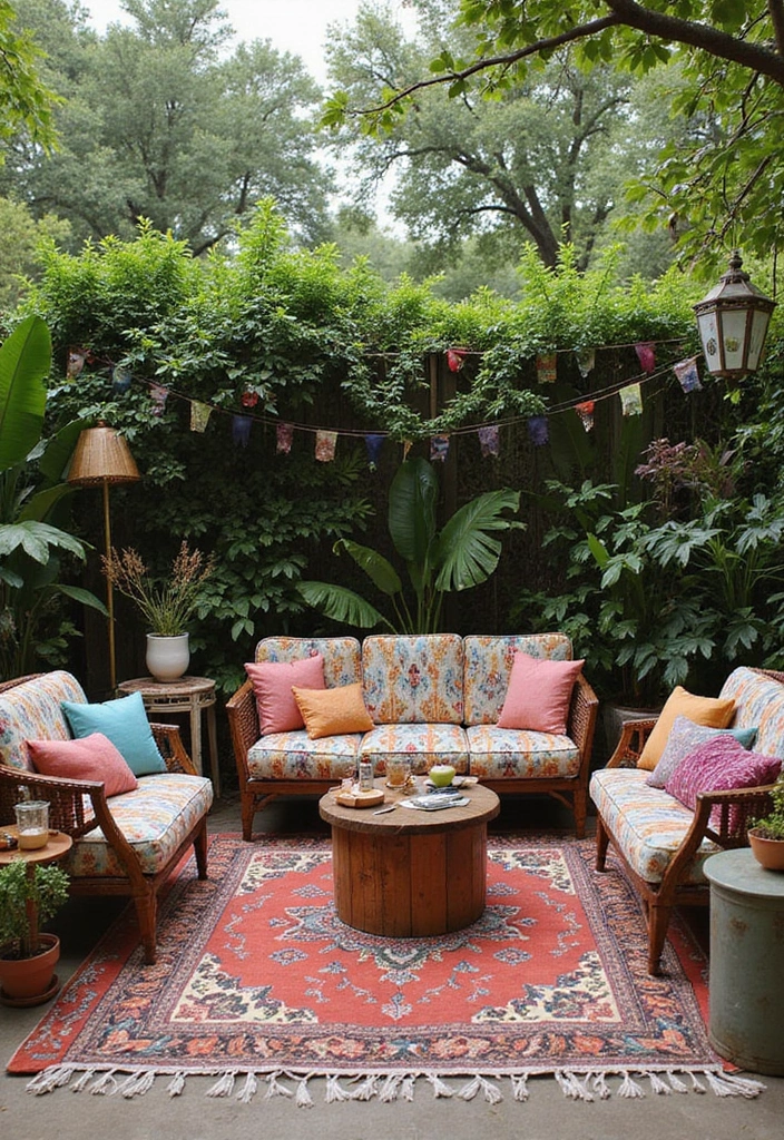 25 Kitchen Backyard Setups Perfect for Summer Parties - 10. Vibrant Bohemian Setup