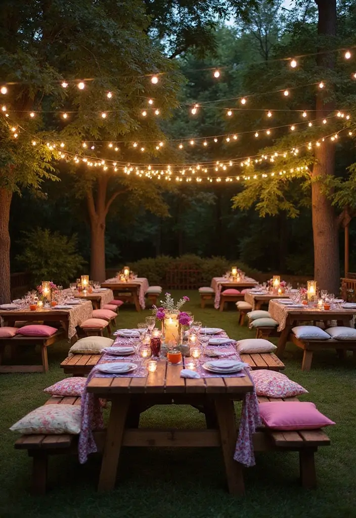 25 Kitchen Backyard Setups Perfect for Summer Parties - 13. Garden Party Setup with Twinkling Lights