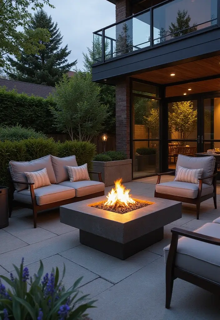 25 Kitchen Backyard Setups Perfect for Summer Parties - 15. Contemporary Outdoor Lounge with Fire Pit