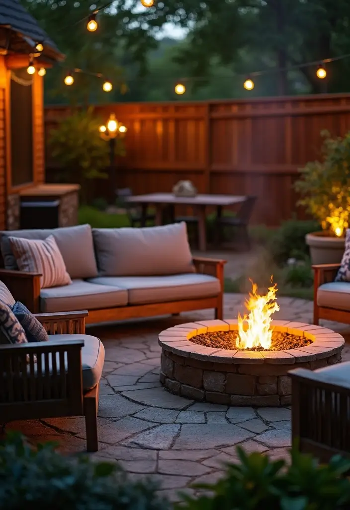 25 Kitchen Backyard Setups Perfect for Summer Parties - 4. Cozy Fire Pit and Dining Combo
