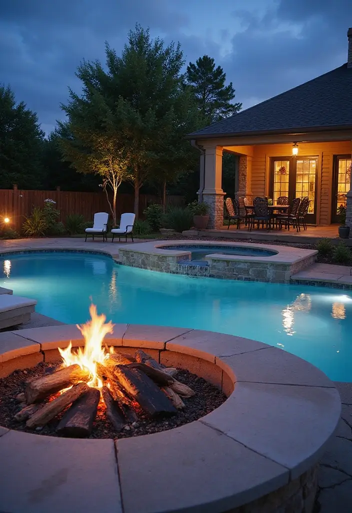 25 Small Backyard Pools That Maximize Every Inch 10. Pool with Integrated Fire Pit