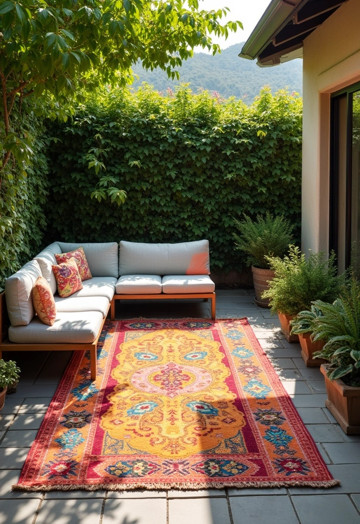 27 Backyard Inspo Pins People Can’t Stop Saving - 5. Vibrant Outdoor Rugs