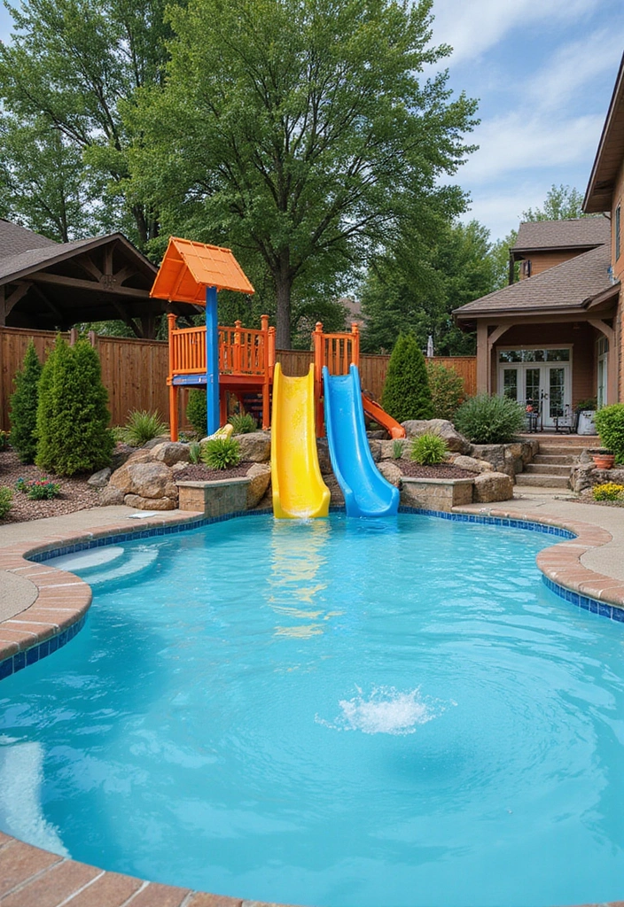 27 Backyard Landscaping With Pool That Look Breathtaking - 13. Kids’ Fun Zone