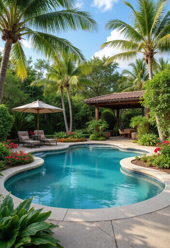 27 Backyard Landscaping With Pool That Look Breathtaking - 2. Tropical Oasis