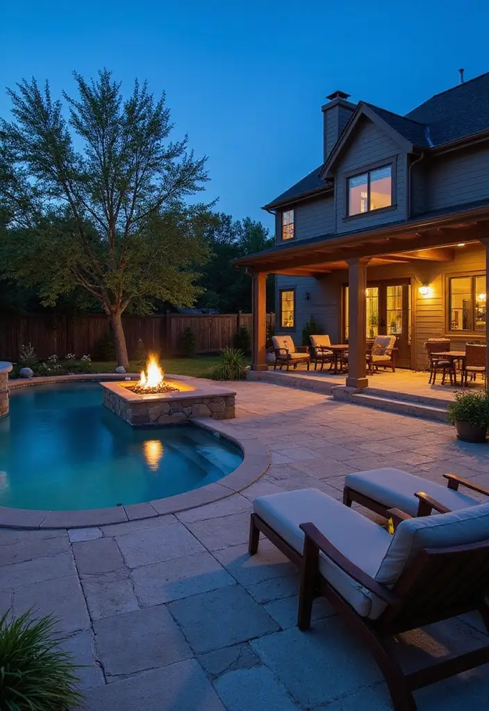 27 Backyard Landscaping With Pool That Look Breathtaking - 8. Pool with Fire Feature