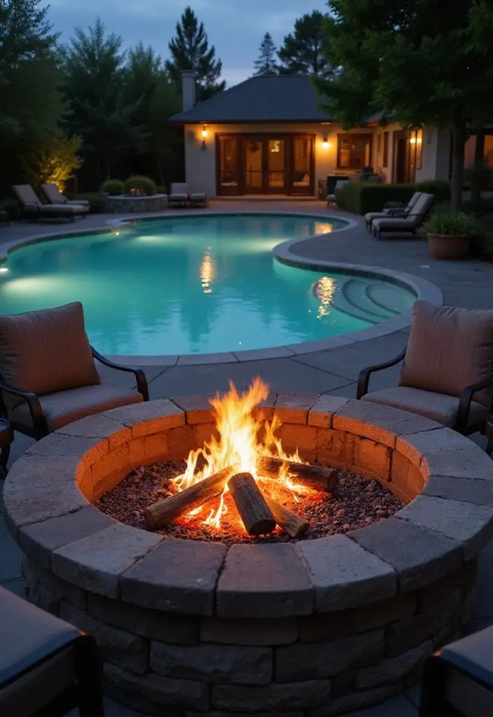 27 Pool in Backyard Ideas That Turn Homes Into Resorts - 4. Cozy Fire Pit by the Pool