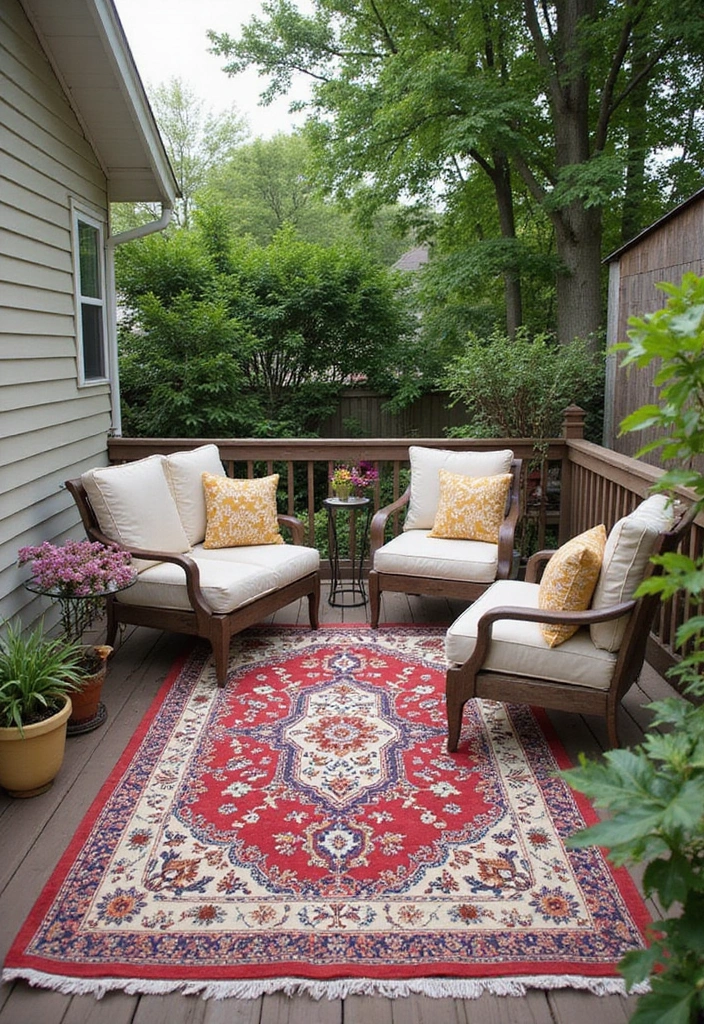 27 Small Backyard Deck Ideas That Maximize Tight Spaces - 10. Outdoor Rugs