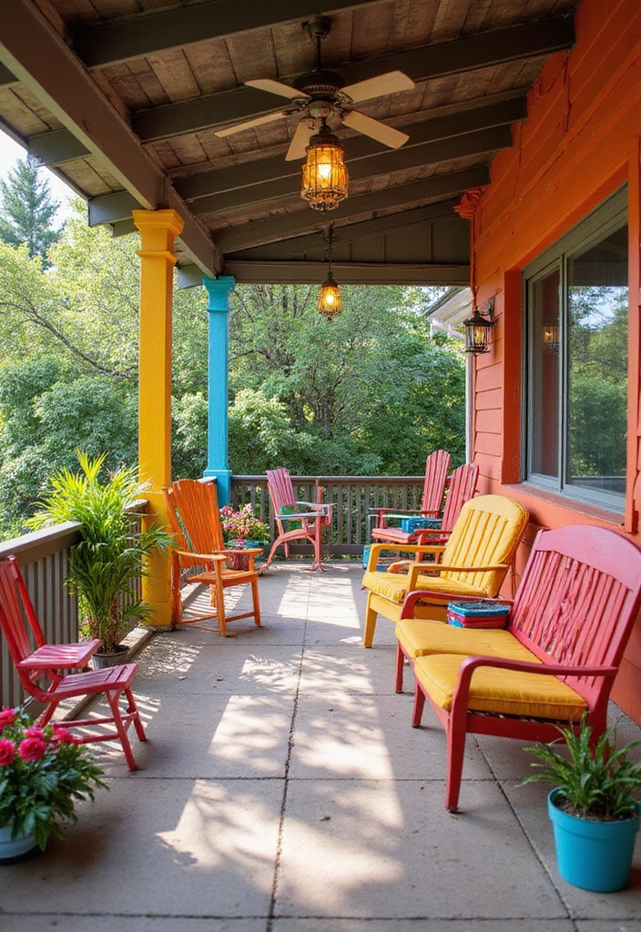 28 Backyard Covered Patio Ideas for All Seasons - 10. Playful Color Combinations