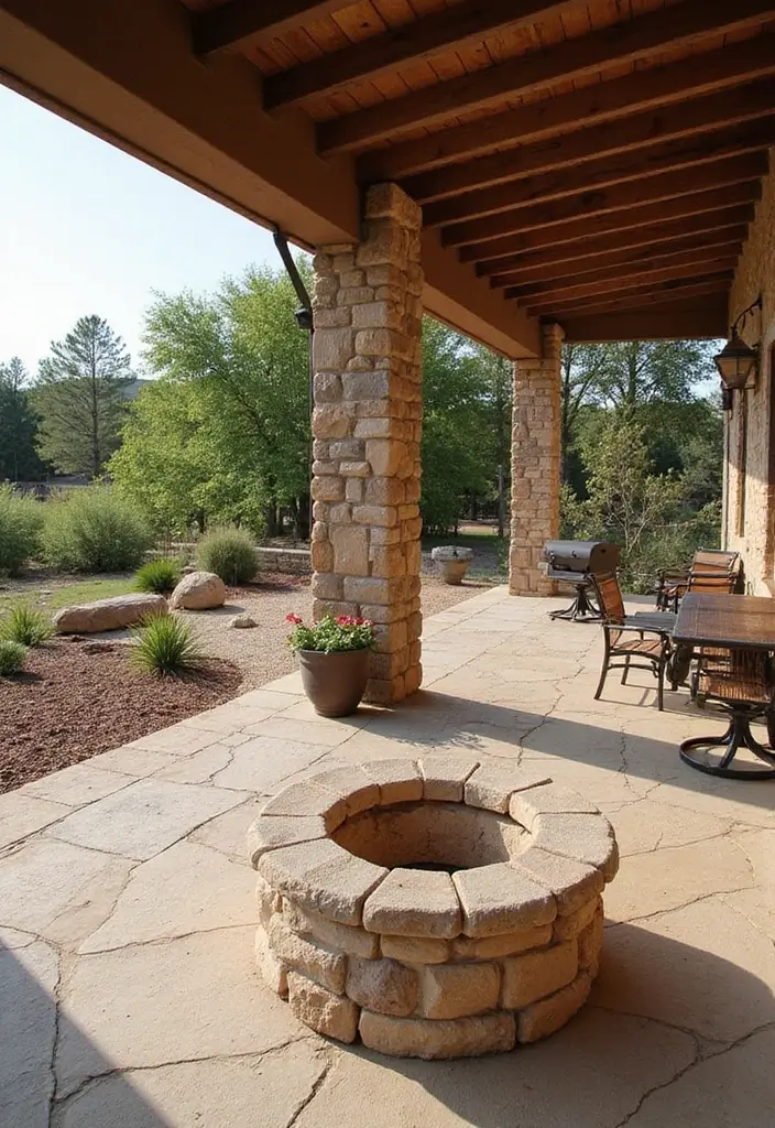 28 Backyard Covered Patio Ideas for All Seasons - 13. Rustic Stone Features