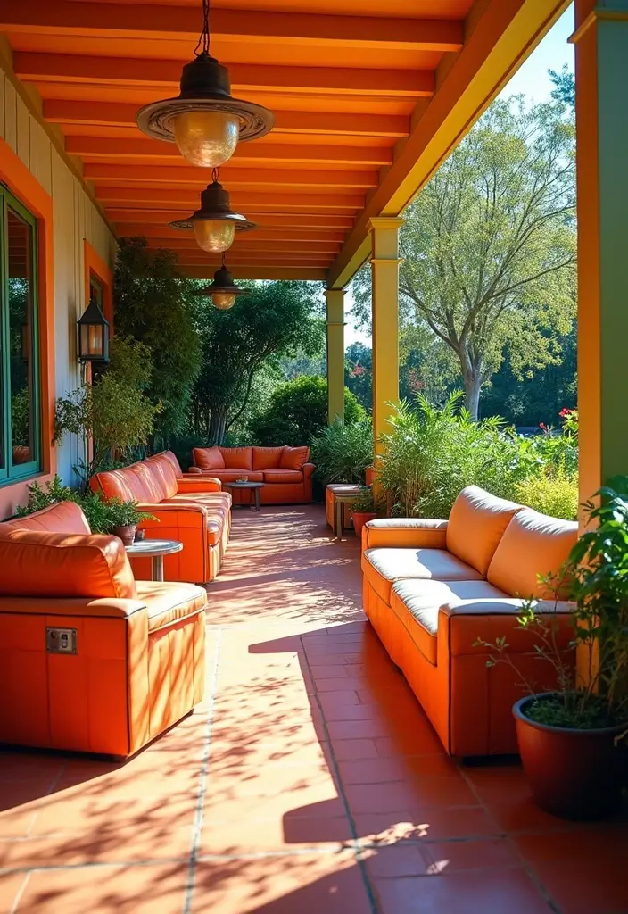 28 Backyard Covered Patio Ideas for All Seasons - 22. Brightly Colored Furniture