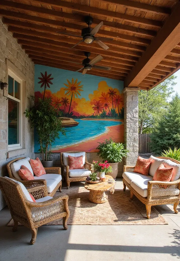 28 Backyard Covered Patio Ideas for All Seasons - 8. Artistic Mural Backdrop