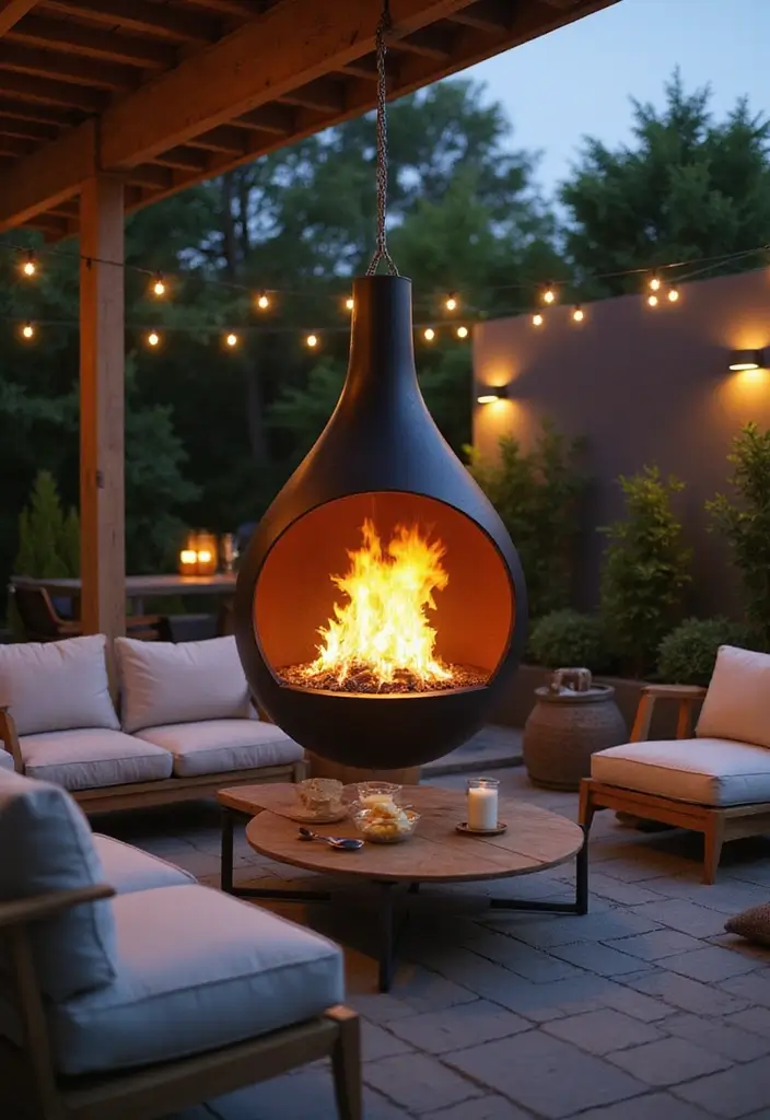 28 Backyard Fire Pit Ideas for Cozy Evenings Outside - 20. Hanging Fire Pit