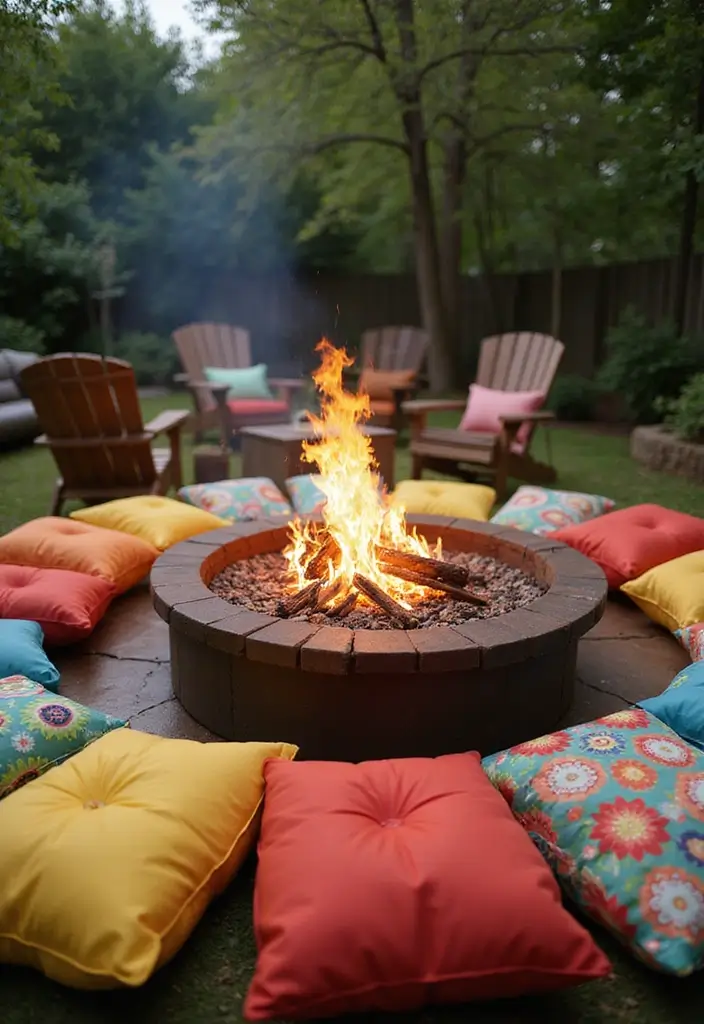 28 Backyard Fire Pit Ideas for Cozy Evenings Outside - 22. Fire Pit with Seating Cushions