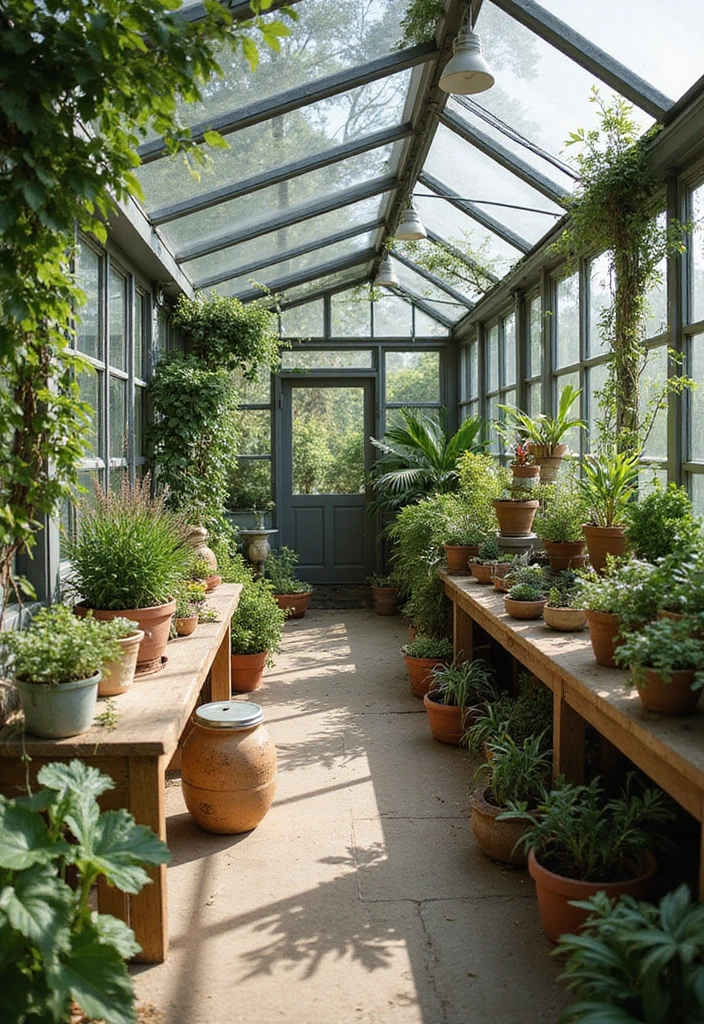 28 Backyard Living Spaces That Feel Like Outdoor Rooms 14. Charming Greenhouse Retreat