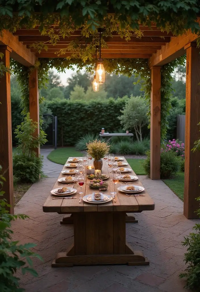 28 Backyard Living Spaces That Feel Like Outdoor Rooms 24. Charming Pergola Dining Area