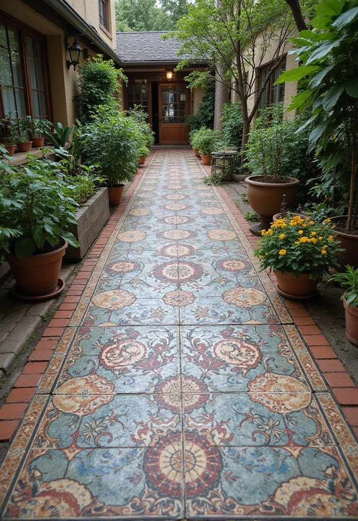 28 Backyard Sidewalk Designs That Elevate Curb Appeal 16 28 Backyard Sidewalk Designs That Elevate Curb Appeal - 16. Vintage Tile Walkways