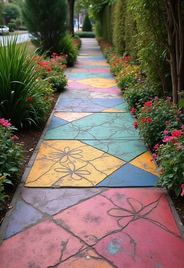28 Backyard Sidewalk Designs That Elevate Curb Appeal 27 28 Backyard Sidewalk Designs That Elevate Curb Appeal - 27. Colorful Concrete Stencils