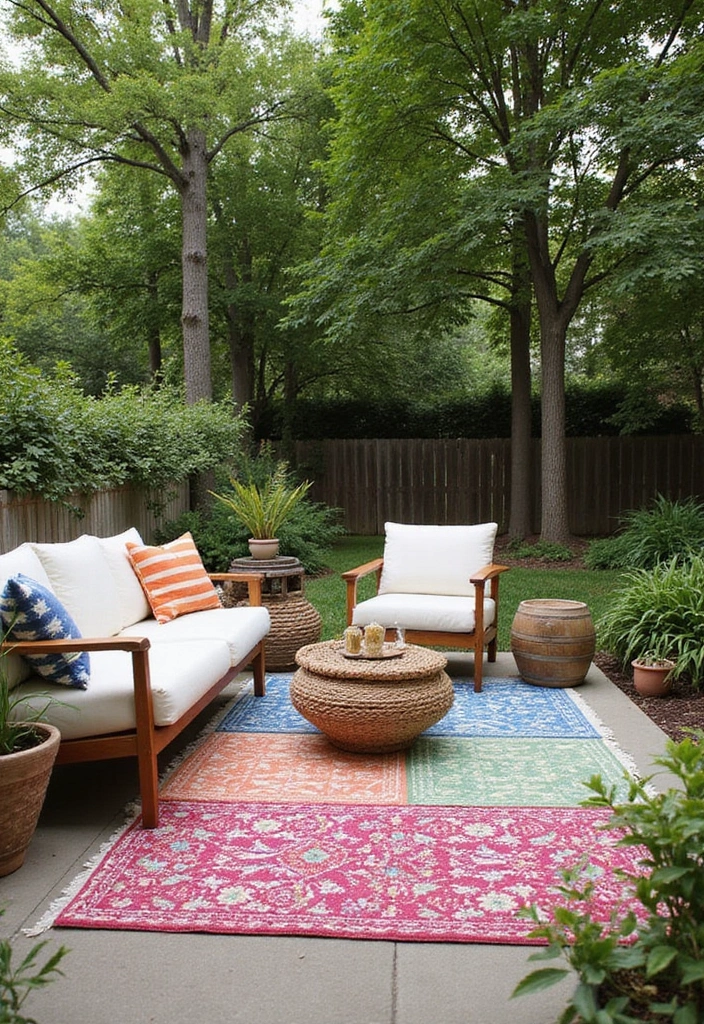 29 Aesthetic Backyard Designs Perfect for Pinterest Boards - 21. Colorful Outdoor Rugs