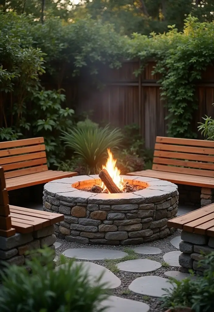 29 Backyard Firepit Area Inspirations That Glow at Night - 1. Rustic Stone Firepit