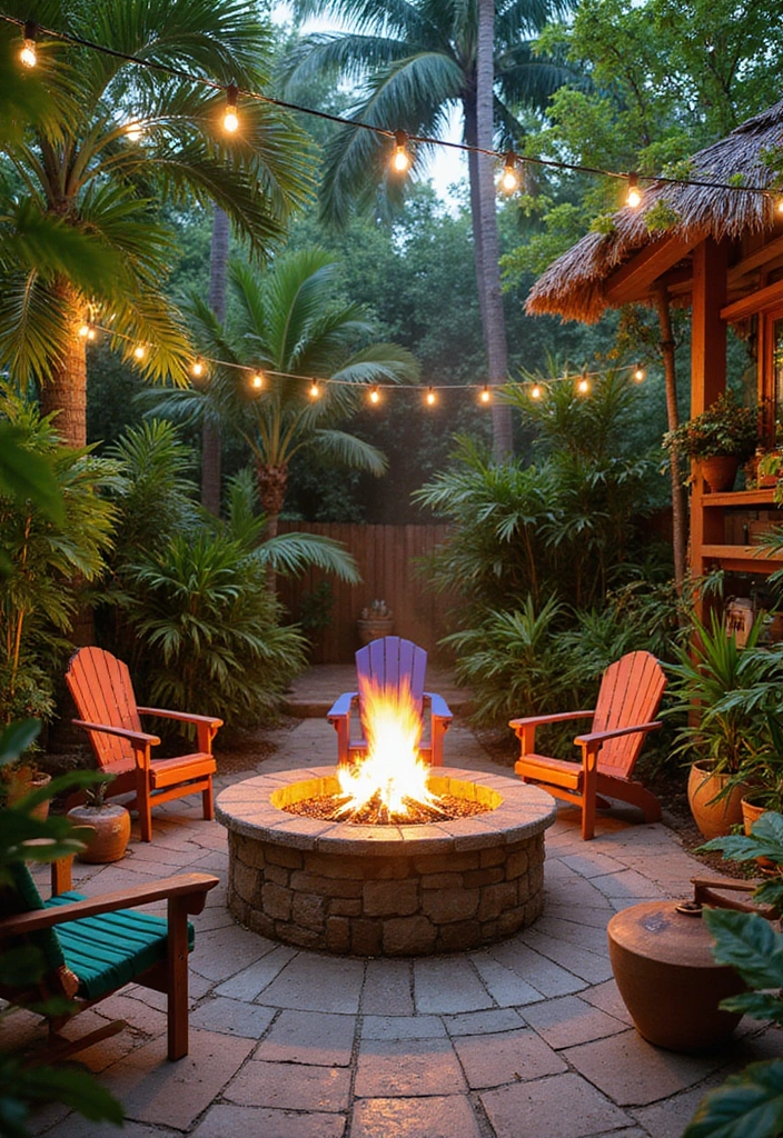 29 Backyard Firepit Area Inspirations That Glow at Night - 12. Tropical Paradise Firepit