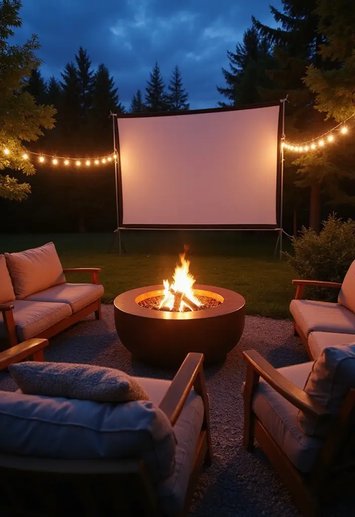 29 Backyard Firepit Area Inspirations That Glow at Night - 17. Outdoor Movie Night Firepit