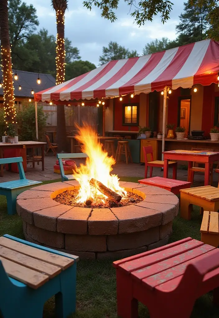 29 Backyard Firepit Area Inspirations That Glow at Night - 19. Carnival-Themed Firepit