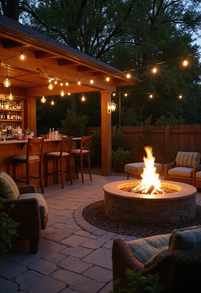 29 Backyard Firepit Area Inspirations That Glow at Night - 25. Cozy Outdoor Bar Firepit