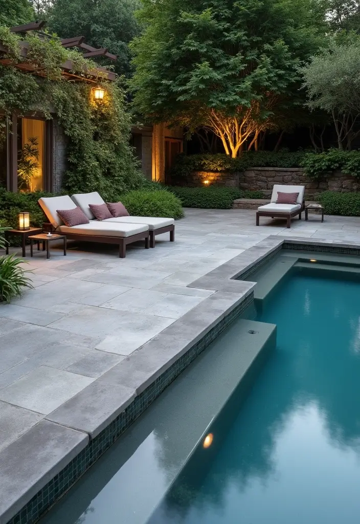 30 Backyard Cement Patio Designs That Feel Modern - 14. Luxurious Poolside Patios