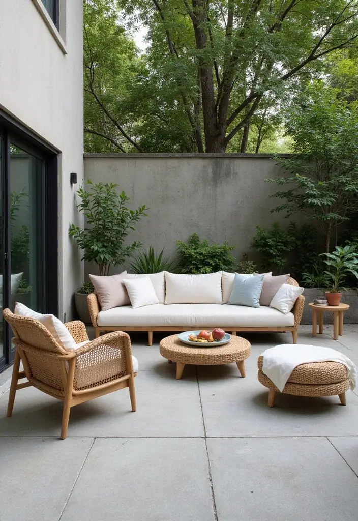 30 Backyard Cement Patio Designs That Feel Modern - 25. Eco-Friendly Furniture