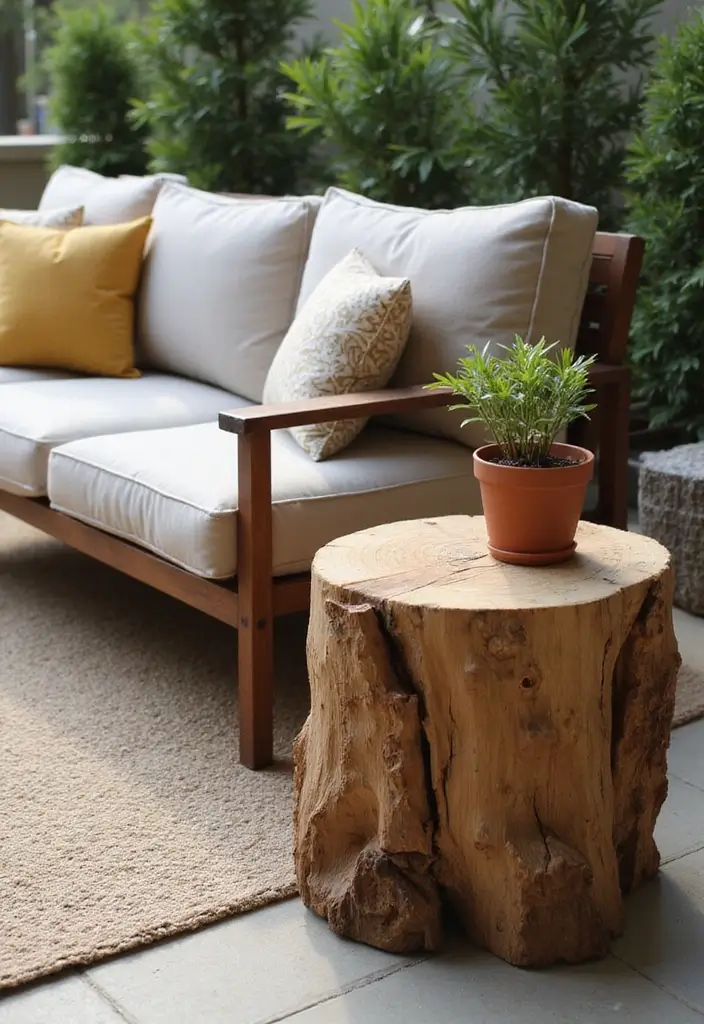 30 Backyard Patio Ideas on a Budget That Look Expensive - 18. Rustic Wood Stump Table