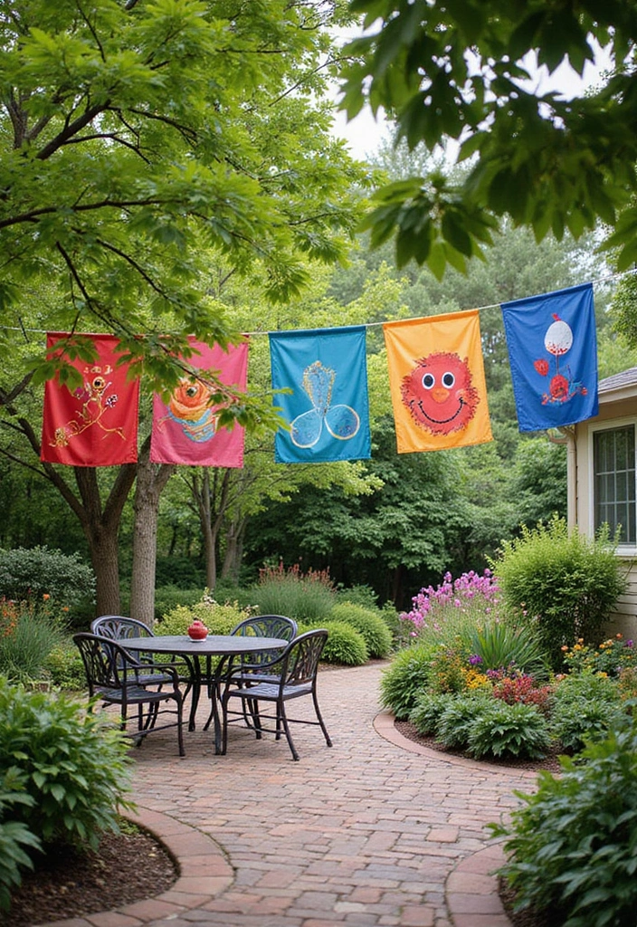 30 Backyard Patio Ideas on a Budget That Look Expensive - 19. Colorful Garden Flags