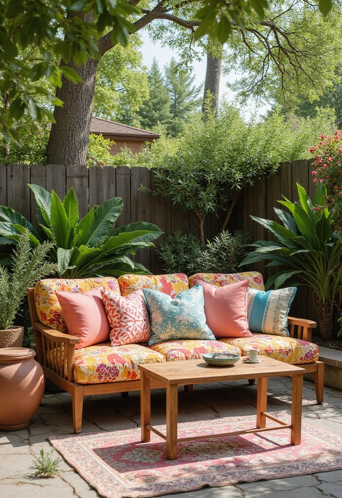 30 Backyard Sitting Area Ideas That Feel Cozy and Welcoming 11 30 Backyard Sitting Area Ideas That Feel Cozy and Welcoming - 11. Colorful Outdoor Sofa