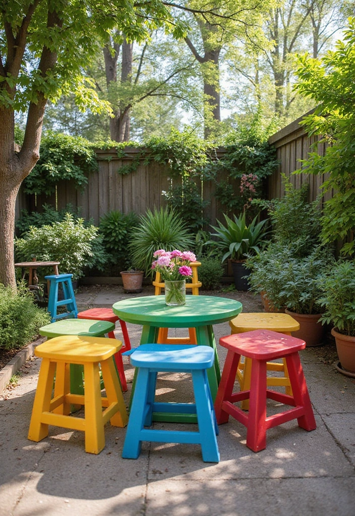 30 Backyard Sitting Area Ideas That Feel Cozy and Welcoming 26 30 Backyard Sitting Area Ideas That Feel Cozy and Welcoming - 26. Colorful Garden Stools