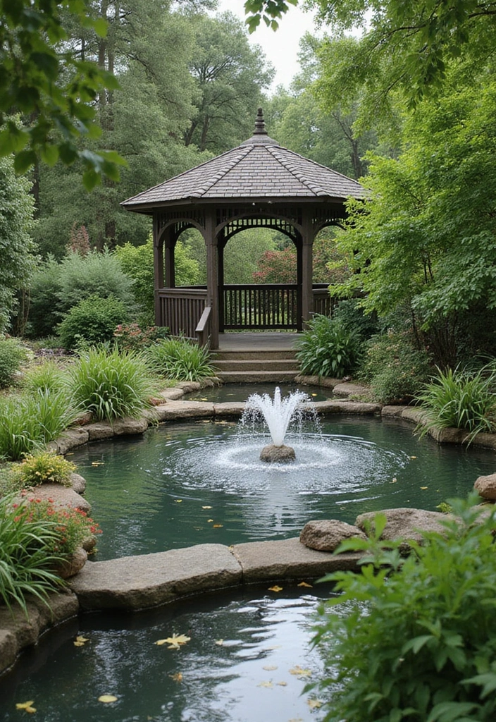 30 Gazebo Backyard Ideas That Add Shade and Charm - 16. Gazebo with Water Feature
