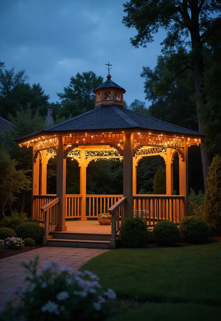 30 Gazebo Backyard Ideas That Add Shade and Charm - 20. Gazebo with String Lights