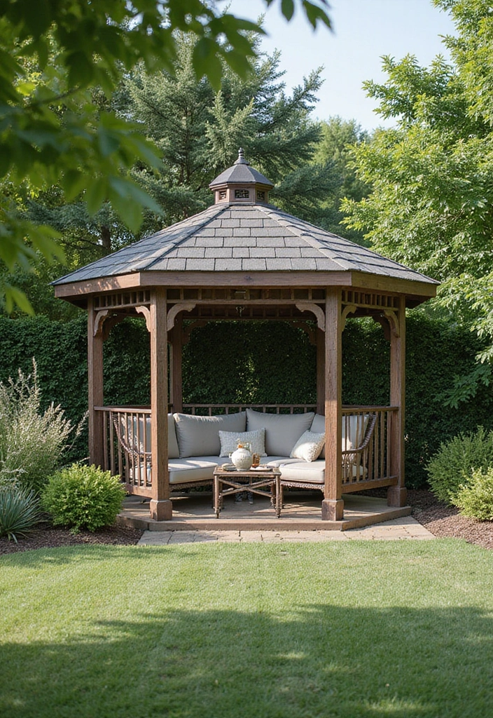 30 Gazebo Backyard Ideas That Add Shade and Charm - 25. Gazebo with Cozy Outdoor Sofa