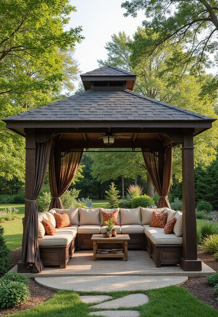 30 Gazebo Backyard Ideas That Add Shade and Charm - 26. Gazebo with Built-in Seating