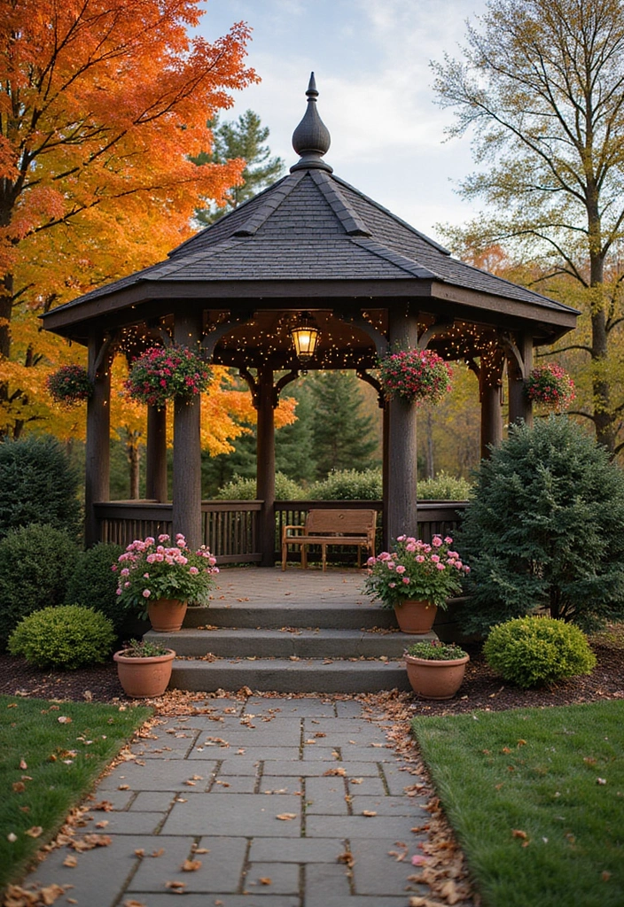 30 Gazebo Backyard Ideas That Add Shade and Charm - 27. Gazebo with Seasonal Decor