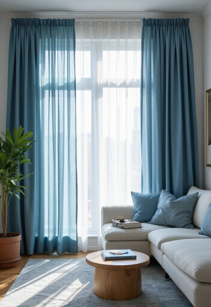 12 Blue Living Room Curtain Ideas for Fresh Calm Inviting Style - 10. Frosted Blue Layers for Depth and Dimension