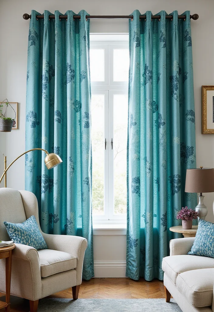 12 Blue Living Room Curtain Ideas for Fresh Calm Inviting Style - 3. Aqua Blue Patterns for a Fun Twist