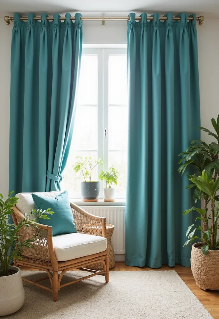12 Blue Living Room Curtain Ideas for Fresh Calm Inviting Style - 4. Solid Teal Curtains for a Subtle Elegance