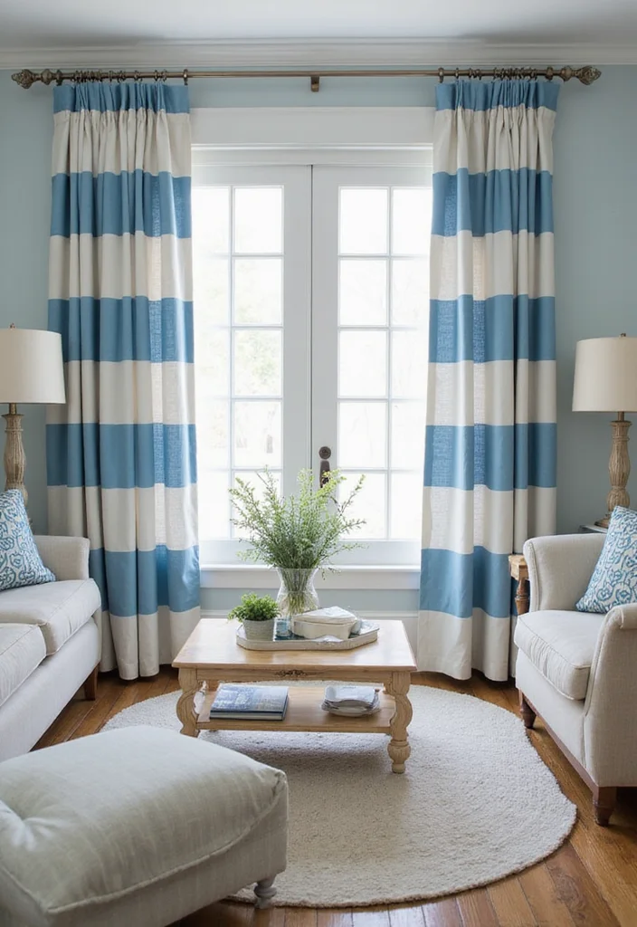12 Blue Living Room Curtain Ideas for Fresh Calm Inviting Style - 5. Striped Blue Curtains for Nautical Vibes